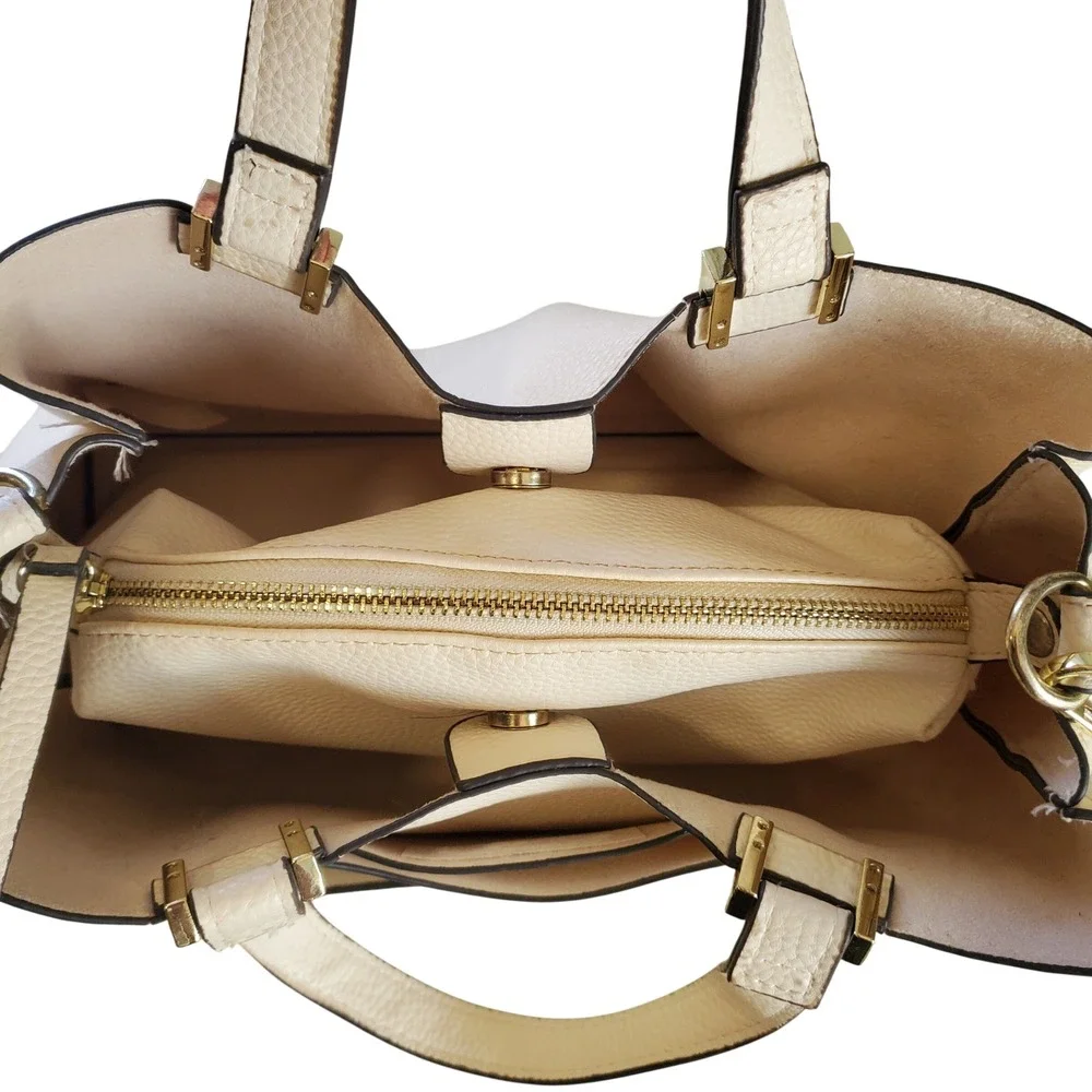 Steve Madden Cream Pebbled Satchel Crossbody Bag Gold Hardware Triple Compartmen